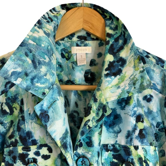 Chico’s Size 1 Blue, Navy, Lime Blazer Windbreaker Cinch-able Jacket w/ Pockets - Picture 2 of 6